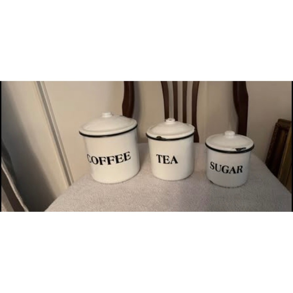 Vintage Inspired Enamel Canister Set Coffee Tea Sugar Farmhouse White Black